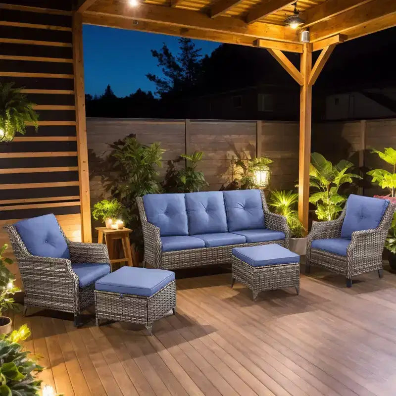 Ensemble de meubles de patio Bestier, canapé et chaises en rotin tressé avec coussins épais et 2 poufs, salon de jardin pour patio, bleu