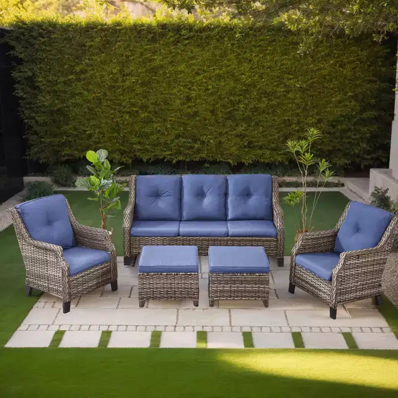 Ensemble de meubles de patio Bestier, canapé et chaises en rotin tressé avec coussins épais et 2 poufs, salon de jardin pour patio, bleu
