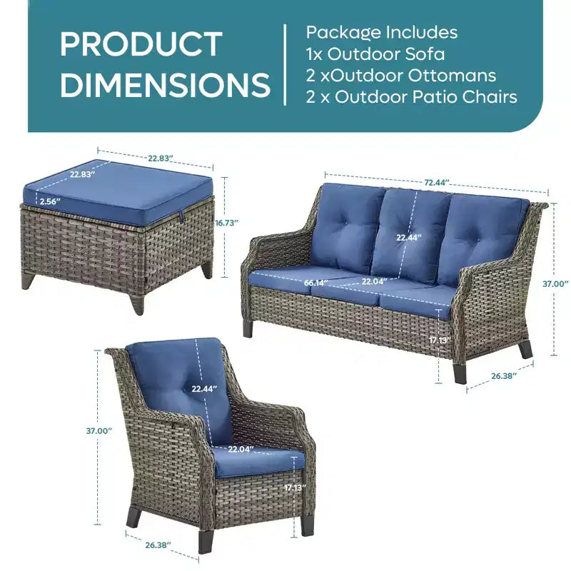 Ensemble de meubles de patio Bestier, canapé et chaises en rotin tressé avec coussins épais et 2 poufs, salon de jardin pour patio, bleu
