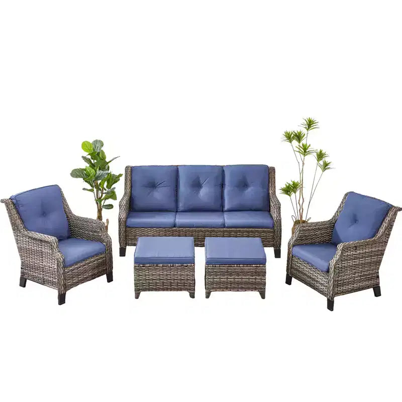 Ensemble de meubles de patio Bestier, canapé et chaises en rotin tressé avec coussins épais et 2 poufs, salon de jardin pour patio, bleu