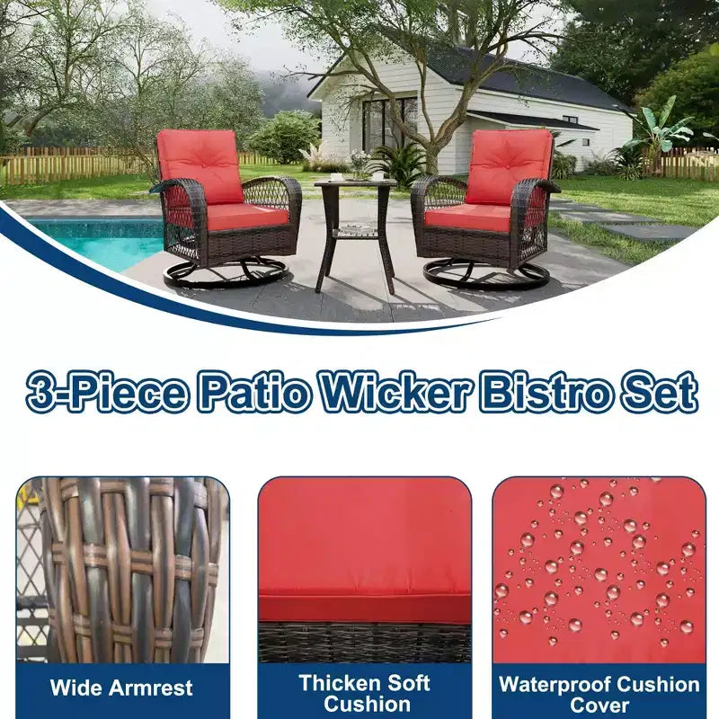3 Pieces Patio Wicker Glider Chairs, Outdoor Swivel Rockers Patio Chairs Set of 2 with Thickened Cushions and Glass Coffee Table
