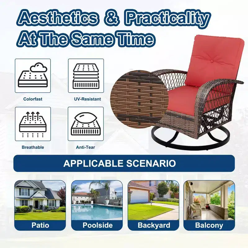 3 Pieces Patio Wicker Glider Chairs, Outdoor Swivel Rockers Patio Chairs Set of 2 with Thickened Cushions and Glass Coffee Table