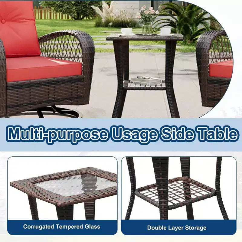 3 Pieces Patio Wicker Glider Chairs, Outdoor Swivel Rockers Patio Chairs Set of 2 with Thickened Cushions and Glass Coffee Table