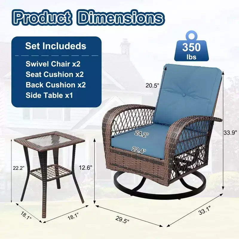 3 Pieces Patio Wicker Glider Chairs, Outdoor Swivel Rockers Patio Chairs Set of 2 with Thickened Cushions and Glass Coffee Table