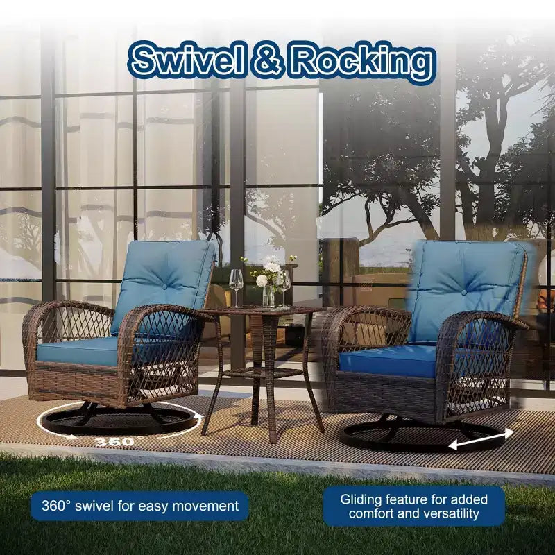 3 Pieces Patio Wicker Glider Chairs, Outdoor Swivel Rockers Patio Chairs Set of 2 with Thickened Cushions and Glass Coffee Table