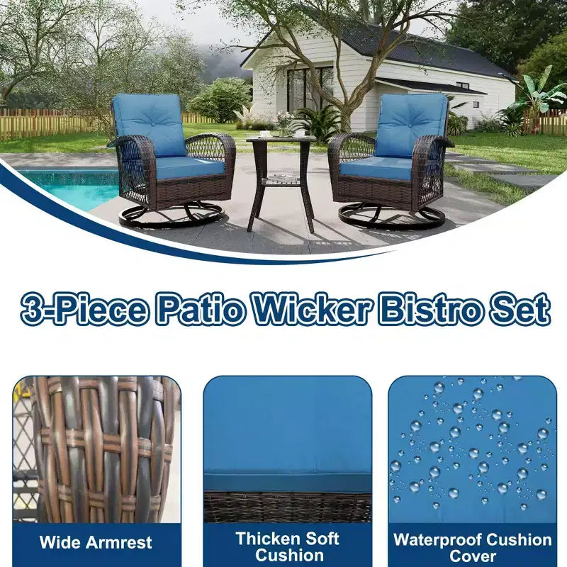 3 Pieces Patio Wicker Glider Chairs, Outdoor Swivel Rockers Patio Chairs Set of 2 with Thickened Cushions and Glass Coffee Table