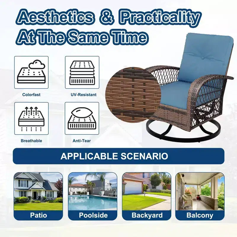 3 Pieces Patio Wicker Glider Chairs, Outdoor Swivel Rockers Patio Chairs Set of 2 with Thickened Cushions and Glass Coffee Table