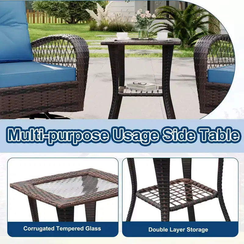 3 Pieces Patio Wicker Glider Chairs, Outdoor Swivel Rockers Patio Chairs Set of 2 with Thickened Cushions and Glass Coffee Table