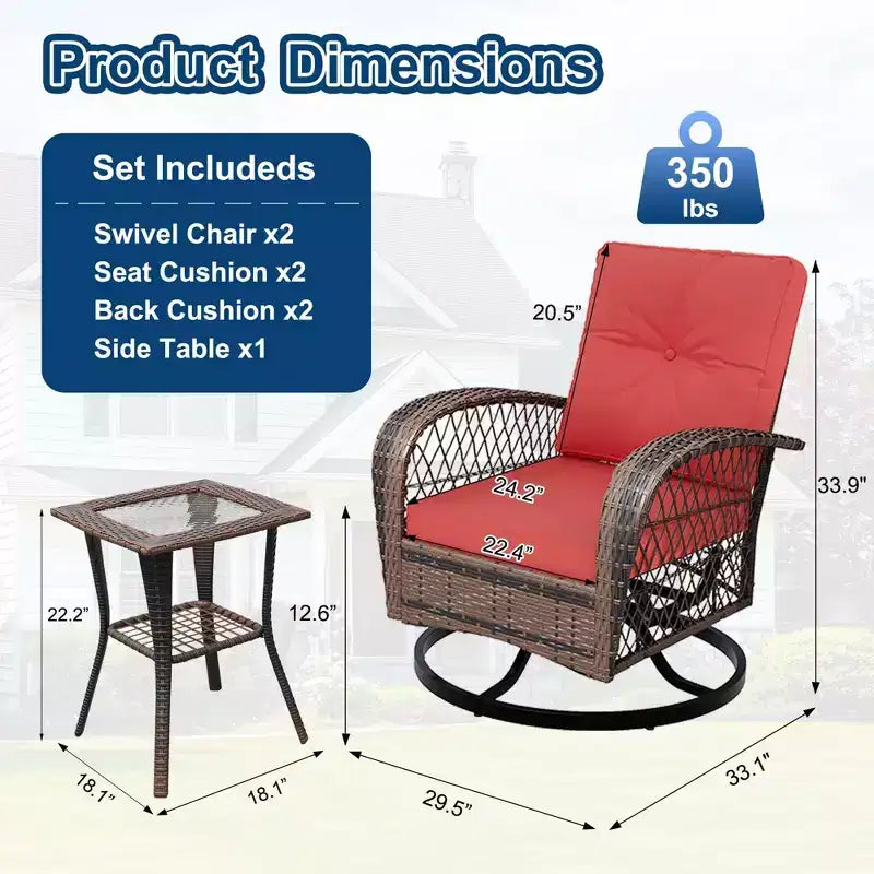 3 Pieces Patio Wicker Glider Chairs, Outdoor Swivel Rockers Patio Chairs Set of 2 with Thickened Cushions and Glass Coffee Table