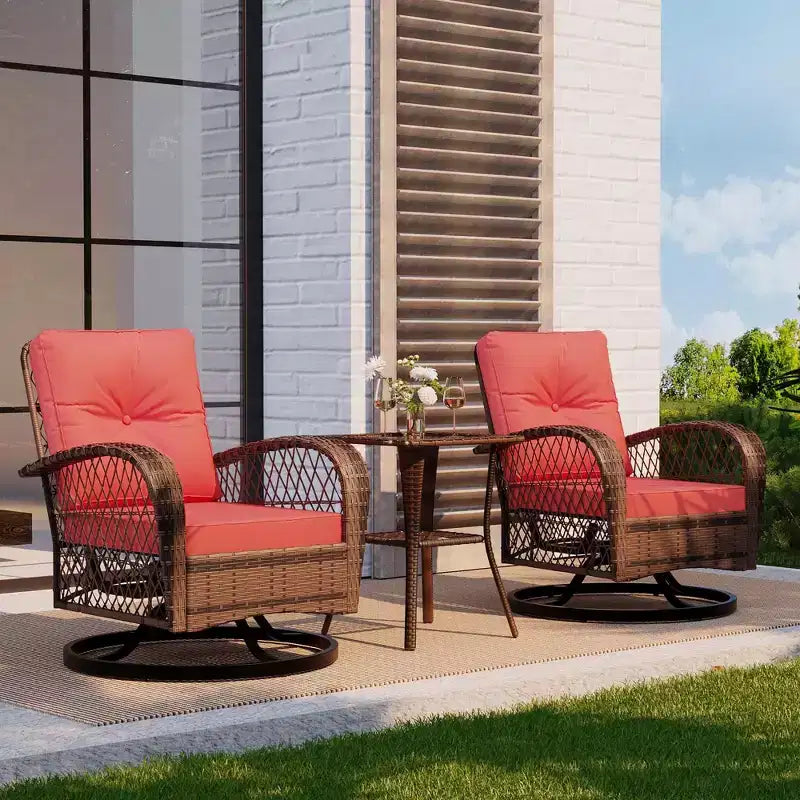 3 Pieces Patio Wicker Glider Chairs, Outdoor Swivel Rockers Patio Chairs Set of 2 with Thickened Cushions and Glass Coffee Table