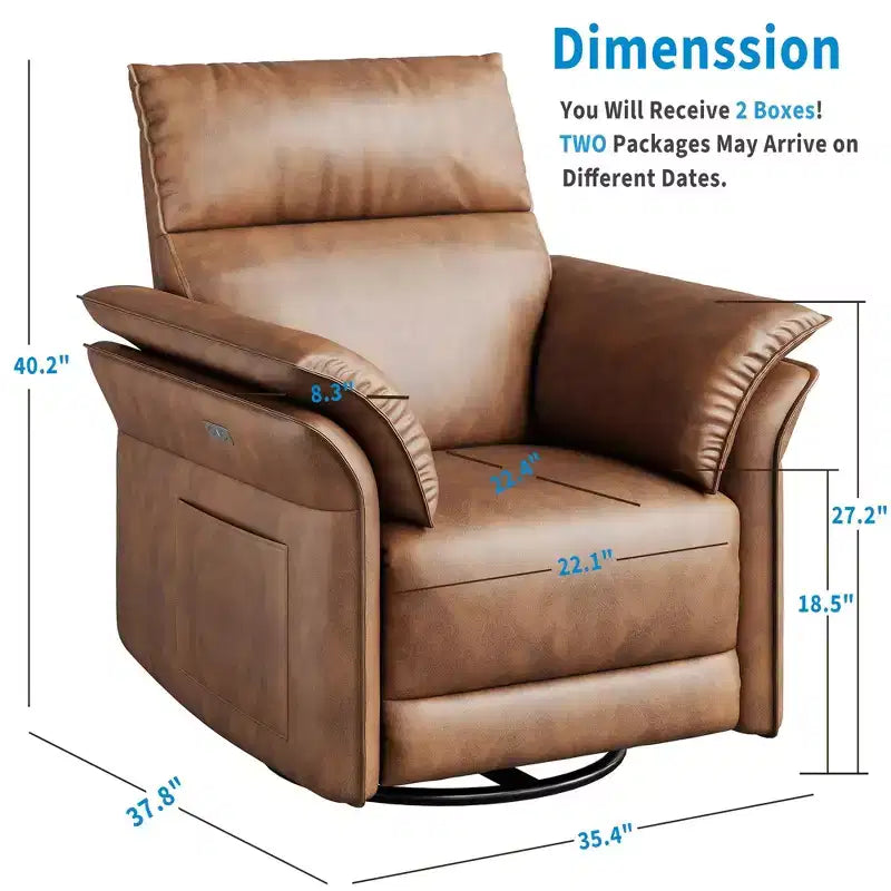 Fauteuil inclinable électrique, fauteuil inclinable, pivotant et coulissant à 270°, fauteuil en cuir PU, poches latérales de rangement et port de chargement USB