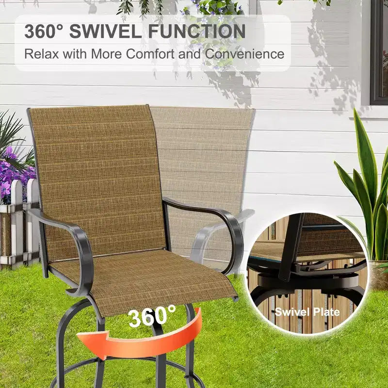 Lot de 2 tabourets de bar pivotants d'extérieur avec dossier haut et accoudoirs, chaises de terrasse résistantes aux intempéries, tabourets rotatifs hauteur comptoir pour terrasse, pelouse et jardin