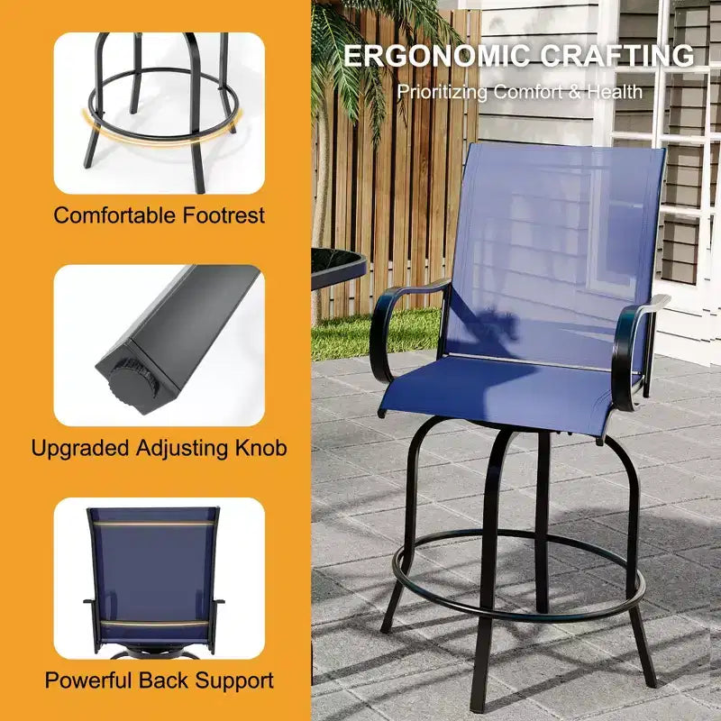 Lot de 2 tabourets de bar pivotants d'extérieur avec dossier haut et accoudoirs, chaises de terrasse résistantes aux intempéries, tabourets rotatifs hauteur comptoir pour terrasse, pelouse et jardin