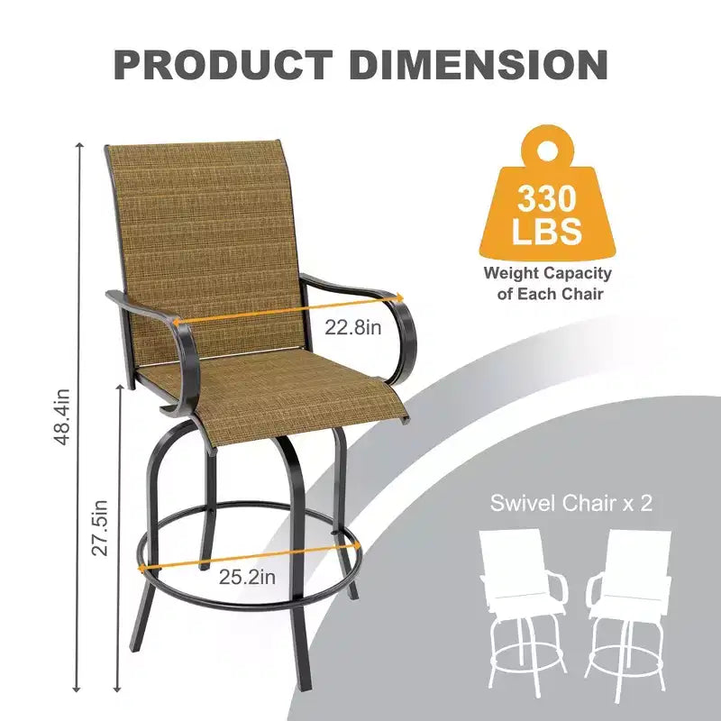 Lot de 2 tabourets de bar pivotants d'extérieur avec dossier haut et accoudoirs, chaises de terrasse résistantes aux intempéries, tabourets rotatifs hauteur comptoir pour terrasse, pelouse et jardin