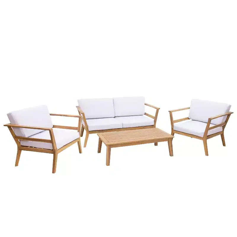 Sunnydaze Bodie Acacia Wood Patio Conversation Set with Loveseat, Armchairs, and Table - 4pc - Natural/Bone White