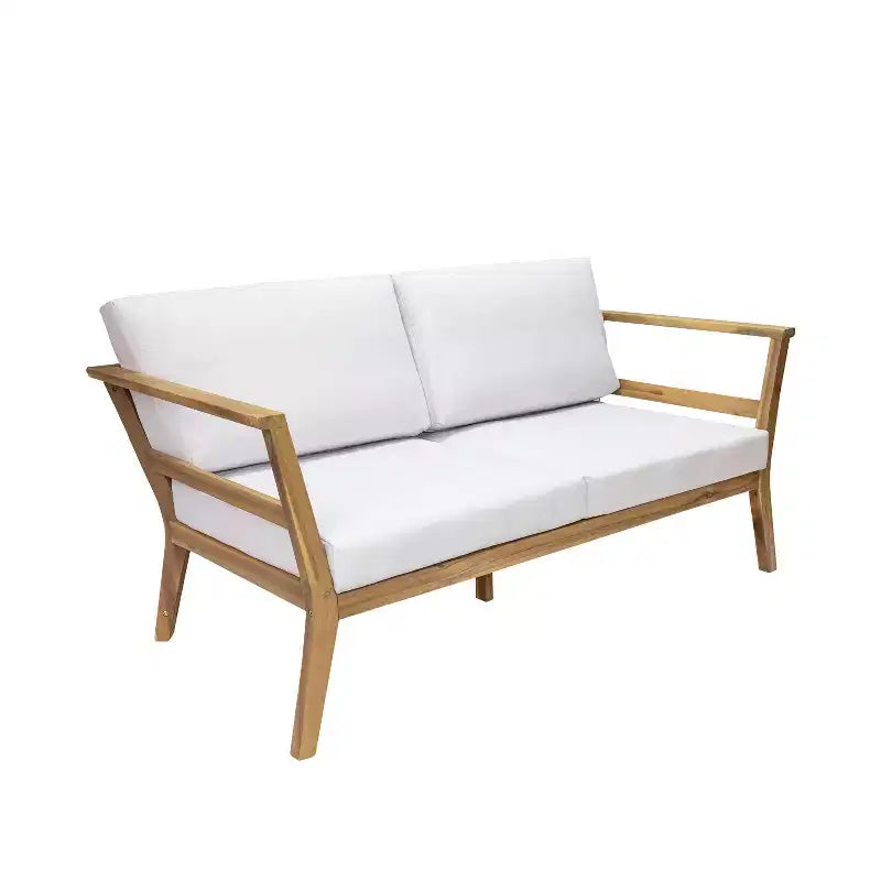 Ensemble de conversation Sunnydaze Bodie en bois d'acacia pour patio avec causeuse, fauteuils et table - 4 pièces - Naturel/Blanc Os