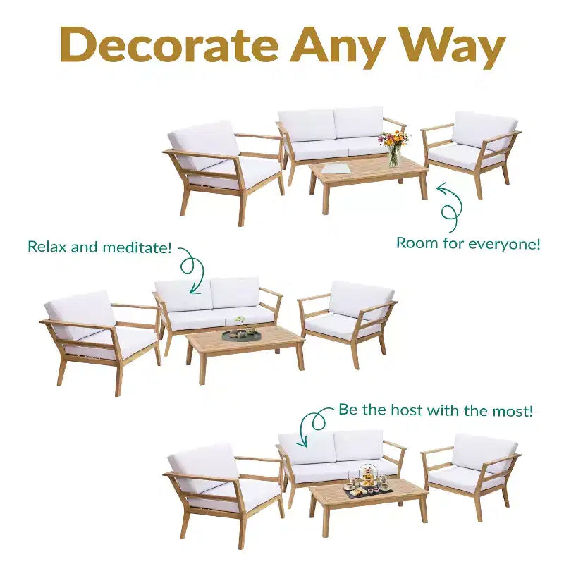 Ensemble de conversation Sunnydaze Bodie en bois d'acacia pour patio avec causeuse, fauteuils et table - 4 pièces - Naturel/Blanc Os