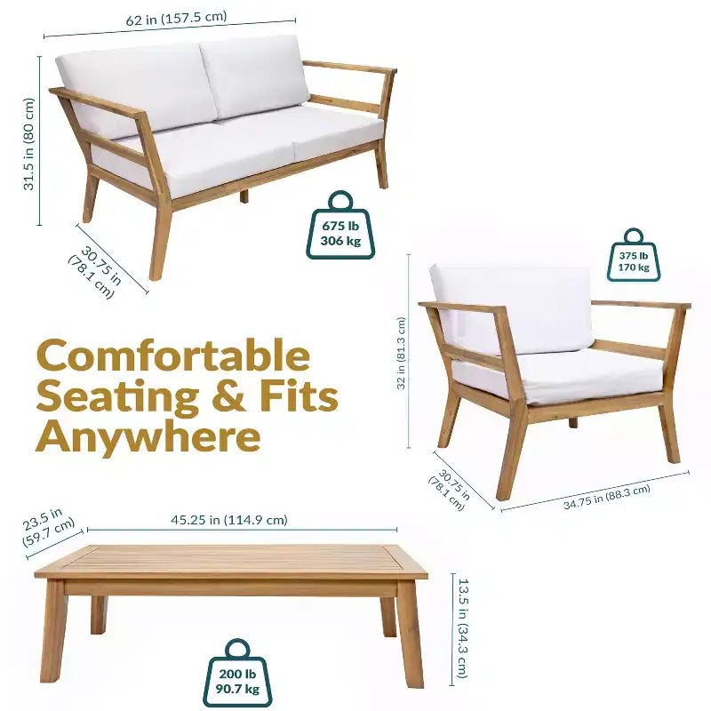 Ensemble de conversation Sunnydaze Bodie en bois d'acacia pour patio avec causeuse, fauteuils et table - 4 pièces - Naturel/Blanc Os