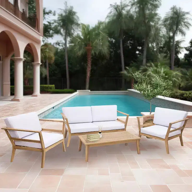 Ensemble de conversation Sunnydaze Bodie en bois d'acacia pour patio avec causeuse, fauteuils et table - 4 pièces - Naturel/Blanc Os