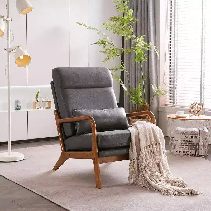 Karl Home High Back Solid Wood Armrest Backrest Iron Frame Linen Indoor Leisure Chair