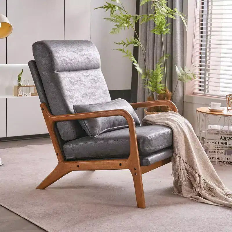 Chaise de loisirs d'intérieur Karl Home à dossier haut en bois massif, accoudoirs, structure en fer et lin