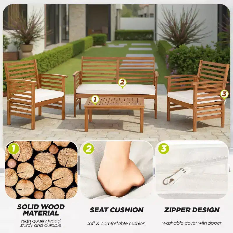 BestMassage Ensembles de conversation de patio extérieur en bois d'acacia, ensemble de canapé de patio extérieur en bois d'acacia, naturel