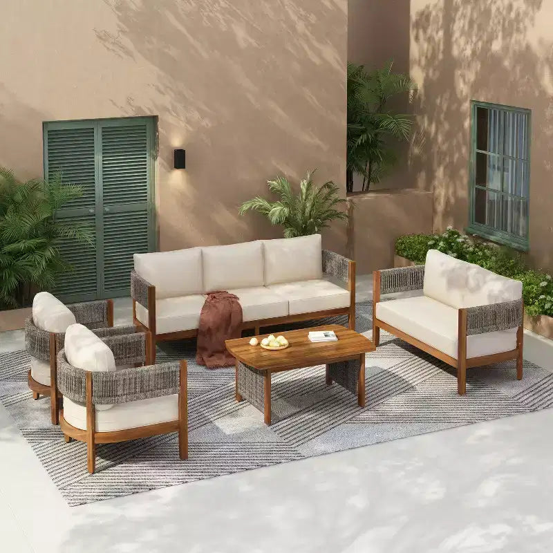 Christopher Knight Home Valentina Ensemble de conversation 5 pièces en bois d'acacia et corde tressée rustique pour terrasse avec table basse et coussins