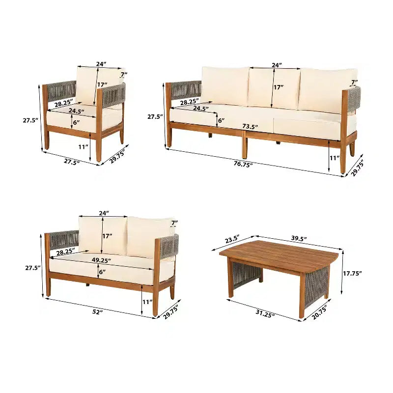 Christopher Knight Home Valentina Ensemble de conversation 5 pièces en bois d'acacia et corde tressée rustique pour terrasse avec table basse et coussins