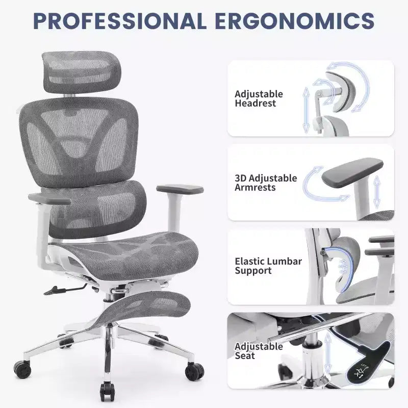 Chaise de bureau ergonomique en maille avec accoudoirs 3D réglables, chaise d'ordinateur de bureau à dossier haut, roulettes repose-pieds rétractables, fauteuil de travail pivotant confortable