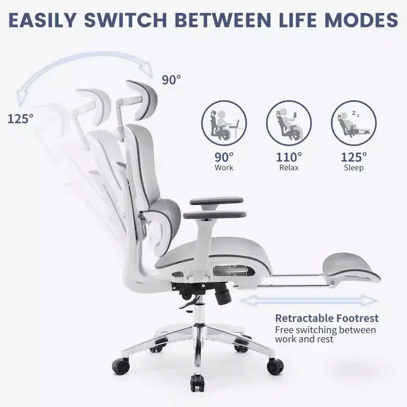 Chaise de bureau ergonomique en maille avec accoudoirs 3D réglables, chaise d'ordinateur de bureau à dossier haut, roulettes repose-pieds rétractables, fauteuil de travail pivotant confortable