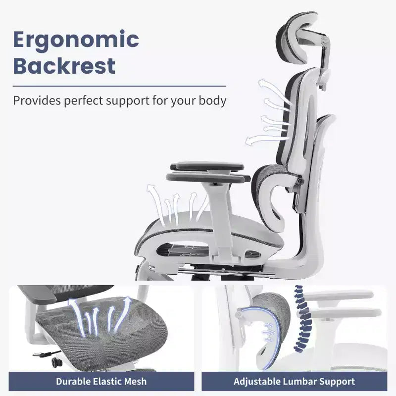 Chaise de bureau ergonomique en maille avec accoudoirs 3D réglables, chaise d'ordinateur de bureau à dossier haut, roulettes repose-pieds rétractables, fauteuil de travail pivotant confortable