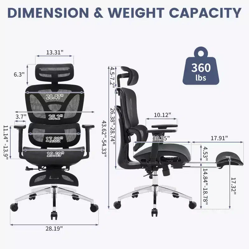Chaise de bureau ergonomique en maille avec accoudoirs 3D réglables, chaise d'ordinateur de bureau à dossier haut, roulettes repose-pieds rétractables, fauteuil de travail pivotant confortable