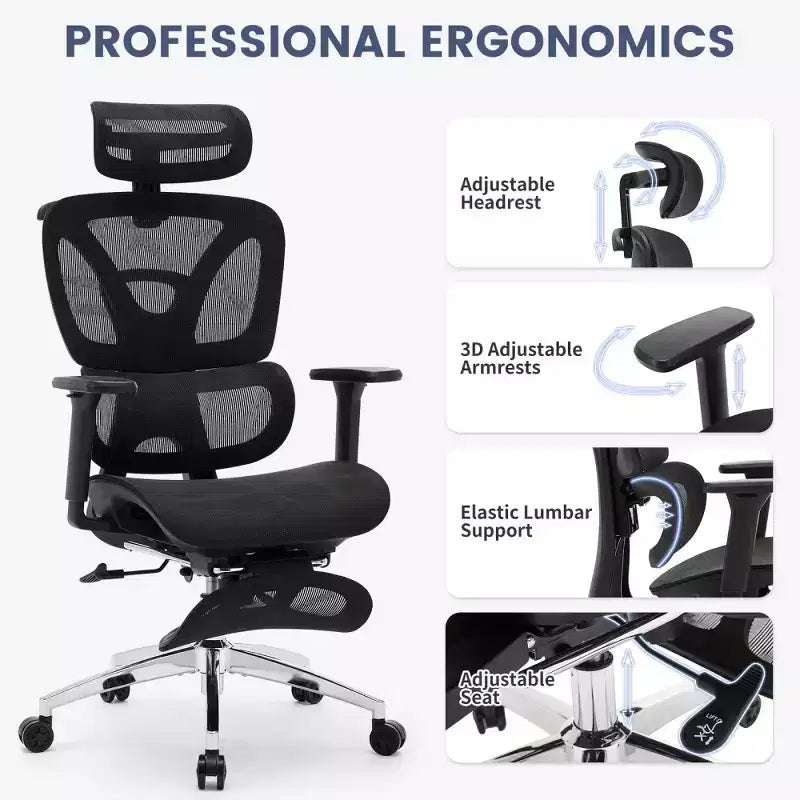 Chaise de bureau ergonomique en maille avec accoudoirs 3D réglables, chaise d'ordinateur de bureau à dossier haut, roulettes repose-pieds rétractables, fauteuil de travail pivotant confortable