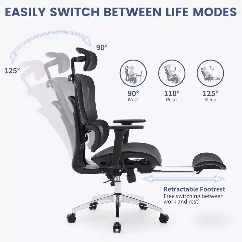 Chaise de bureau ergonomique en maille avec accoudoirs 3D réglables, chaise d'ordinateur de bureau à dossier haut, roulettes repose-pieds rétractables, fauteuil de travail pivotant confortable