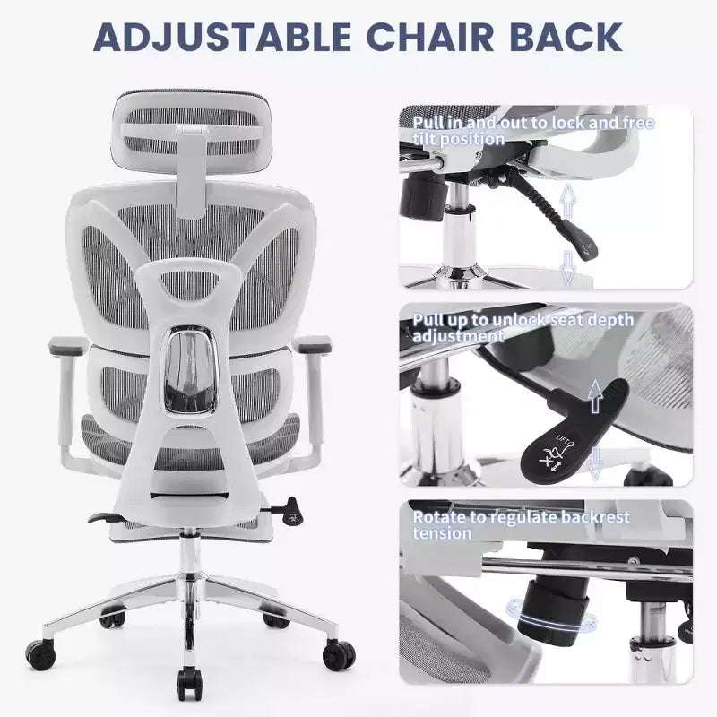 Chaise de bureau ergonomique en maille avec accoudoirs 3D réglables, chaise d'ordinateur de bureau à dossier haut, roulettes repose-pieds rétractables, fauteuil de travail pivotant confortable