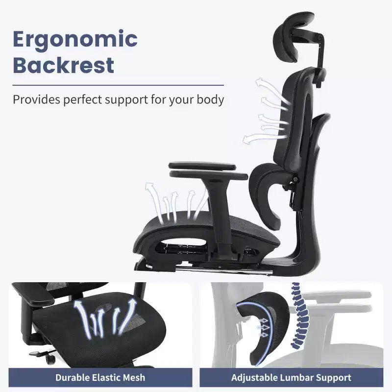 Chaise de bureau ergonomique en maille avec accoudoirs 3D réglables, chaise d'ordinateur de bureau à dossier haut, roulettes repose-pieds rétractables, fauteuil de travail pivotant confortable