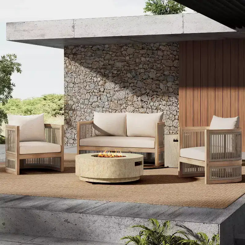 Christopher Knight Home Joplin 5 Piece Outdoor Acacia Wood and Rope Chat Set with Cushions and Round Fire Pit