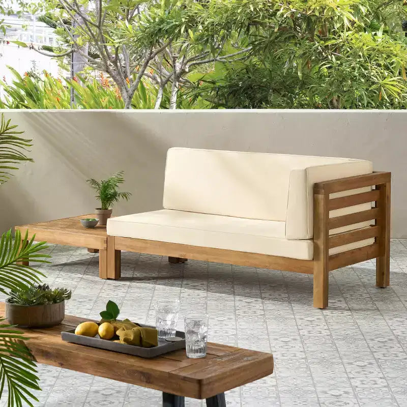 Christopher Knight Home Oana – Canapé à accoudoir droit et table basse d'extérieur en bois d'acacia avec coussin