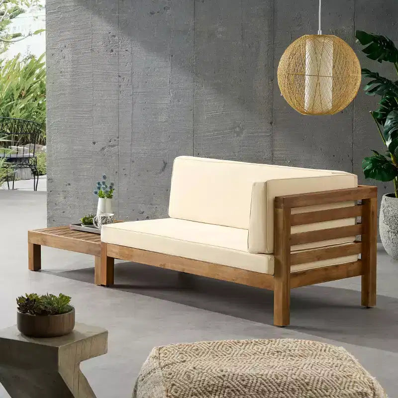 Christopher Knight Home Oana Outdoor Acacia Wood Right Arm Loveseat and Coffee Table Set with Cushion