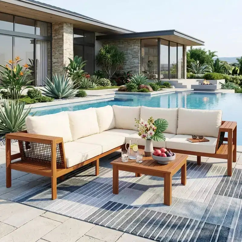 Ensemble de canapés de jardin 4 pièces en bois d'acacia Merax avec table basse et pieds réglables