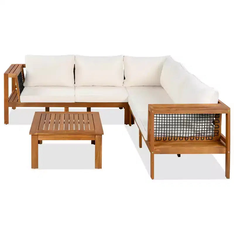 Ensemble de canapés de jardin 4 pièces en bois d'acacia Merax avec table basse et pieds réglables