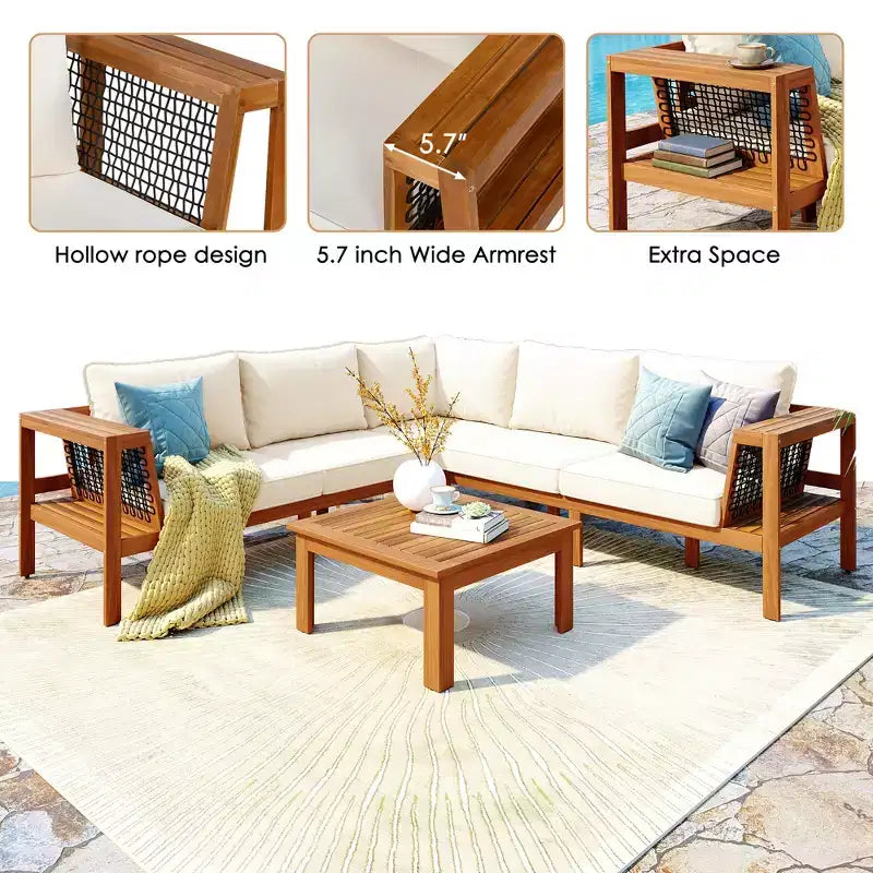 Ensemble de canapés de jardin 4 pièces en bois d'acacia Merax avec table basse et pieds réglables