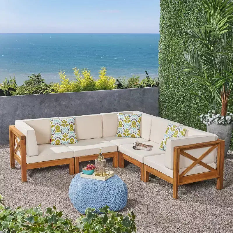 Christopher Knight Home Brava Canapé d'angle d'extérieur 5 places en bois d'acacia avec coussins