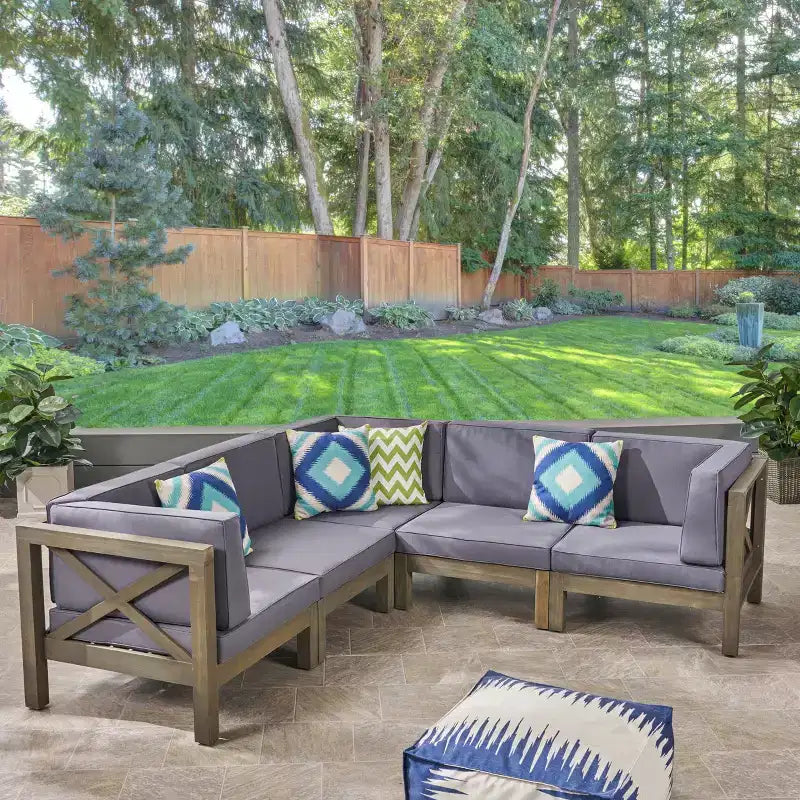Christopher Knight Home Brava Canapé d'angle d'extérieur 5 places en bois d'acacia avec coussins