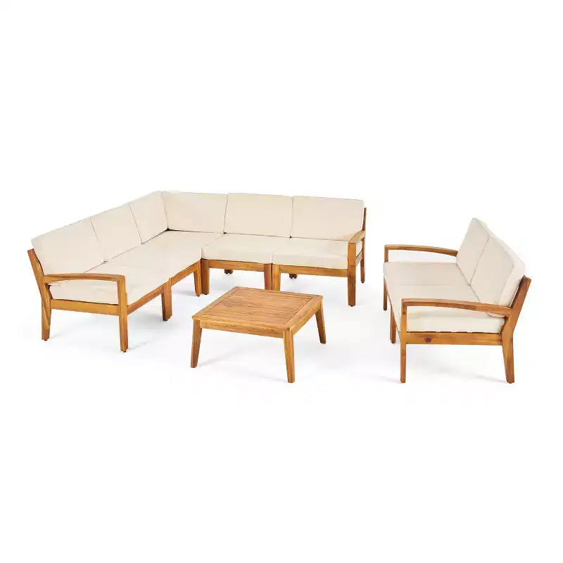 GDFStudio Bernice Ensemble de canapé sectionnel d'extérieur 7 pièces en bois d'acacia avec causeuse et table basse