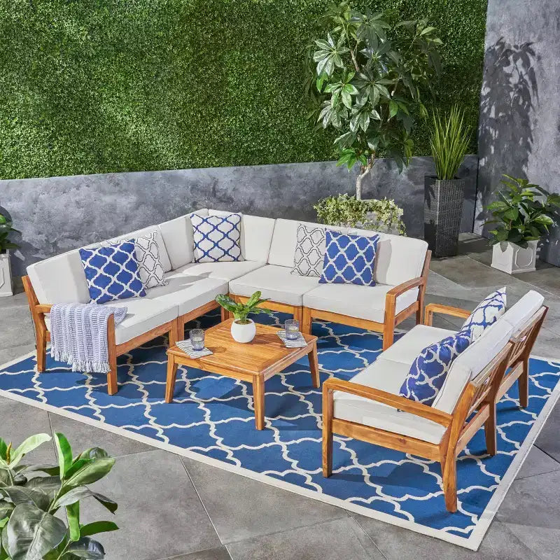 GDFStudio Bernice 7 Piece Outdoor Acacia Wood Sectional Sofa Set with Loveseat and Coffee Table