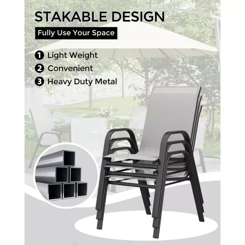 Lot de 4 chaises de salle à manger d'extérieur empilables, chaises de terrasse à dossier haut empilables, chaises de terrasse à cadre métallique pour cour, patio