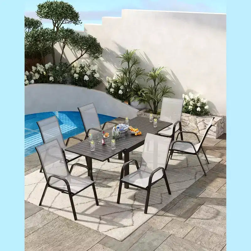 Lot de 4 chaises de salle à manger d'extérieur empilables, chaises de terrasse à dossier haut empilables, chaises de terrasse à cadre métallique pour cour, patio