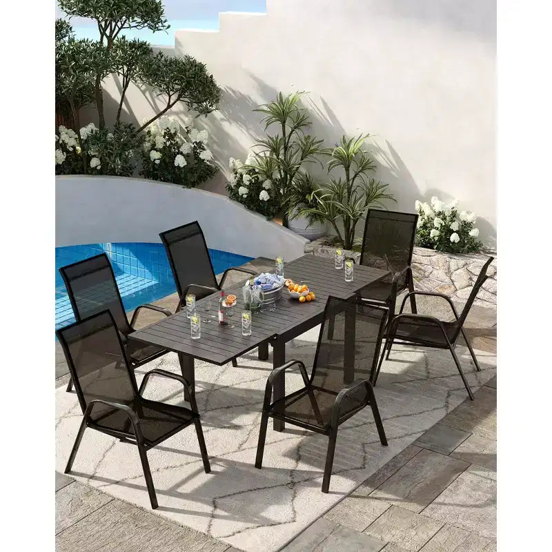 Lot de 4 chaises de salle à manger d'extérieur empilables, chaises de terrasse à dossier haut empilables, chaises de terrasse à cadre métallique pour cour, patio