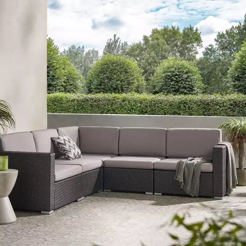 Christopher Knight Home Santa Rosa Outdoor Wicker 5 Seater V-Shaped Sectional Sofa Set with Cushions